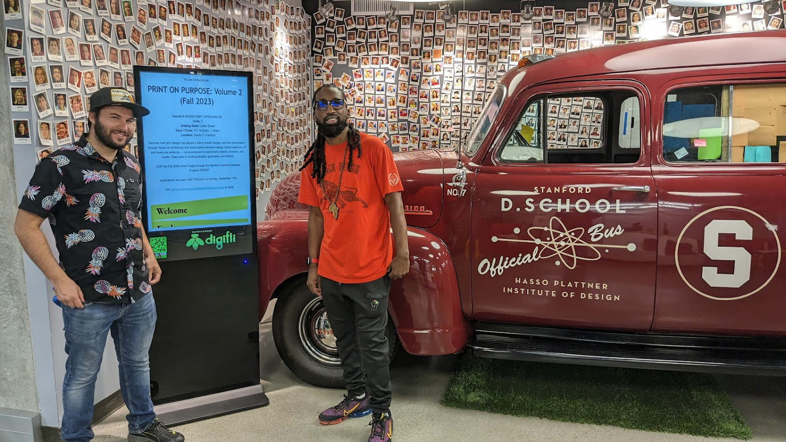 Justin Iredale of Digifli (left) and Milan Drake of Stanford with the a Digifli Elite Kiosk located at the entrance of d.school.