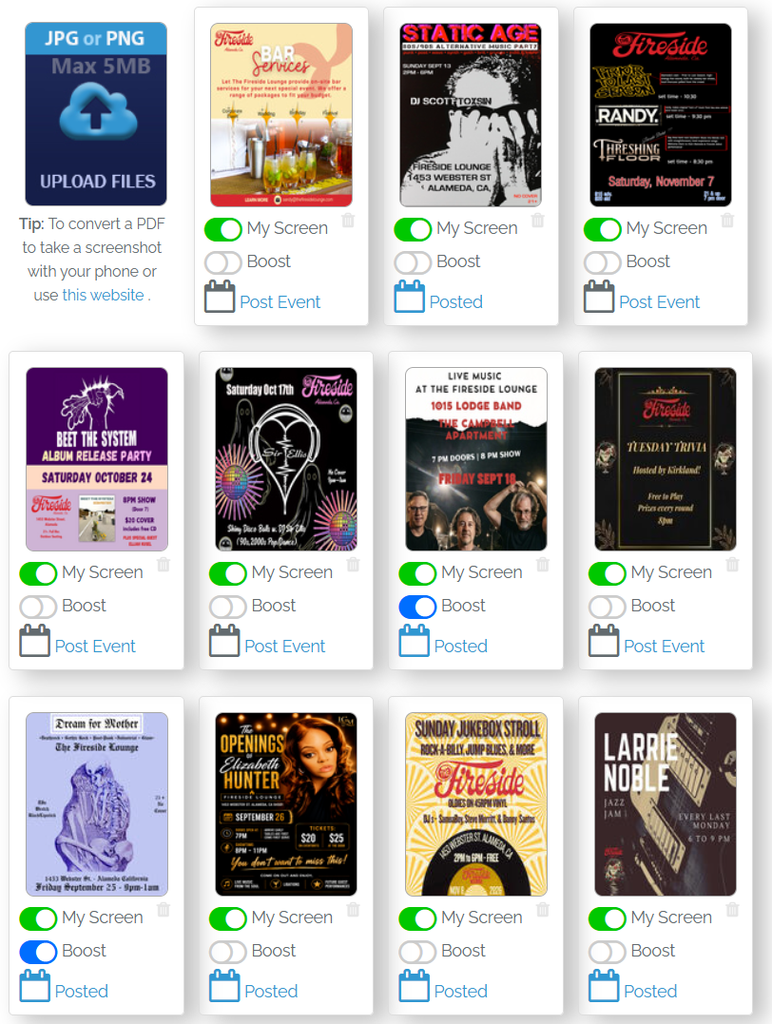 Digifli Event flyer management dashboard for The Fireside in Alameda.